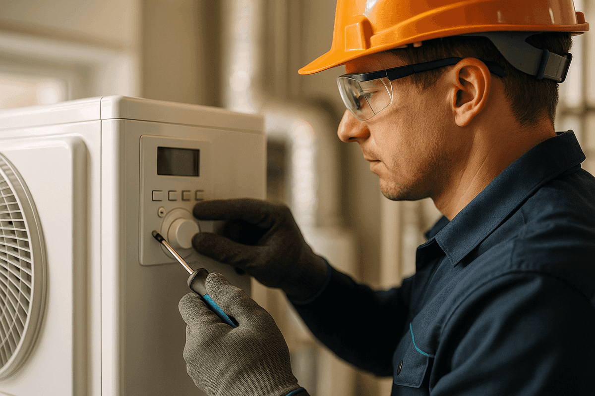 Close-up of gloved hands adjusting air conditioning unit control panel in mechanical room