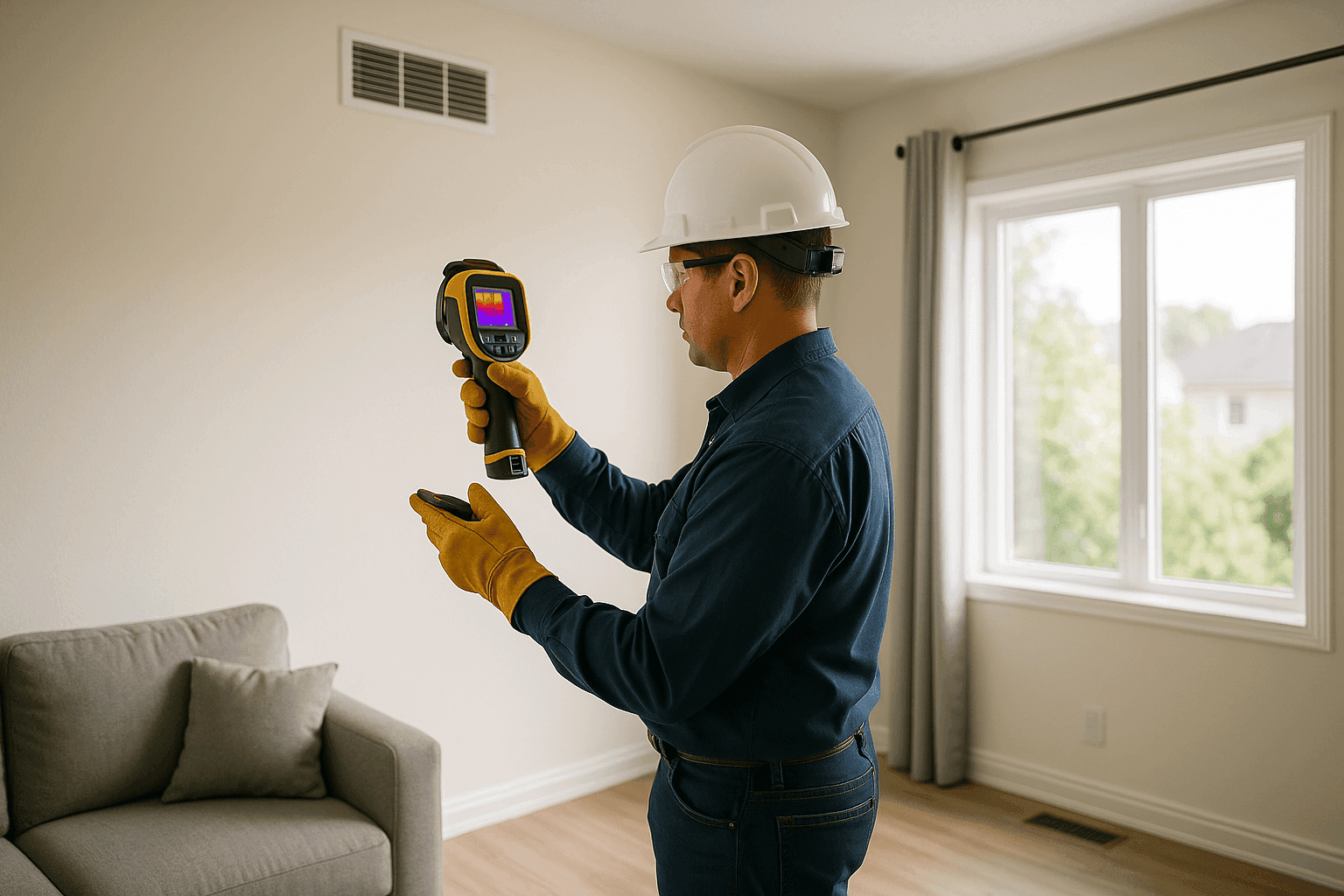 Technician performing home energy audit with infrared camera