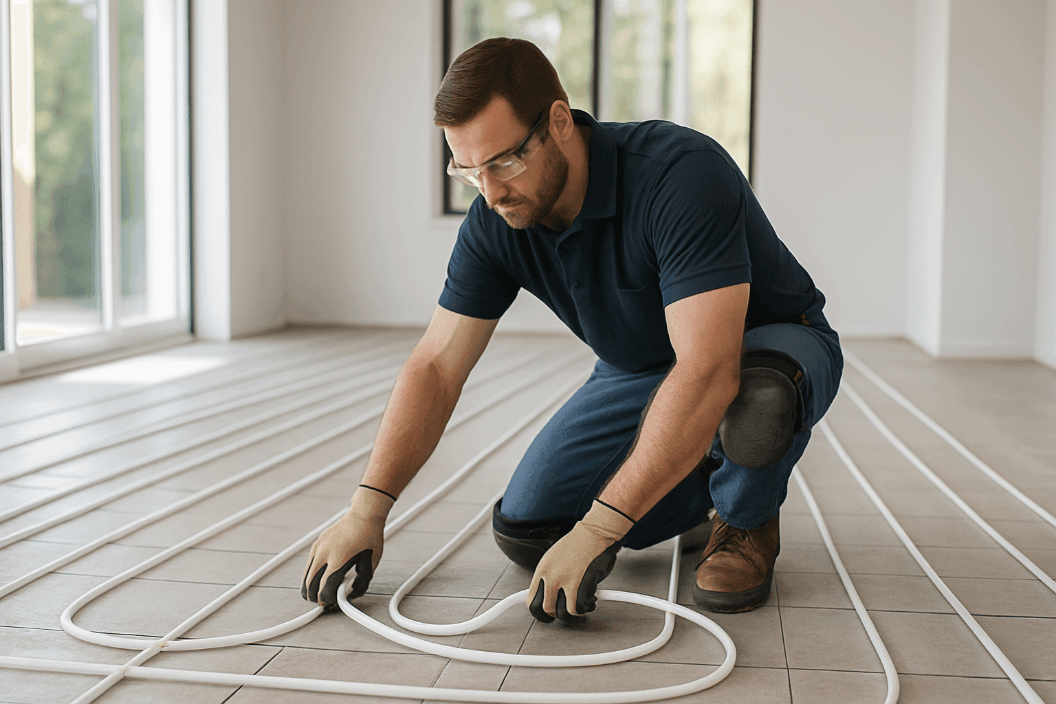 Technician installing radiant heating system under flooring